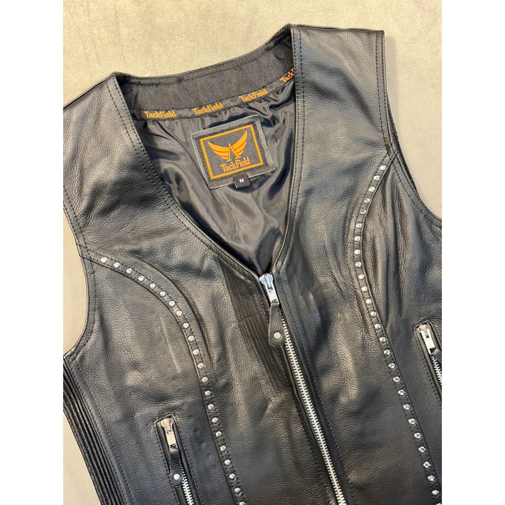 TackField Mens or Women's Black Leather Motorcycle Vest Studded Zip Front Bike M - Picture 2 of 9